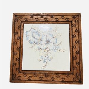 Vintage Trivit Tile Holder Blue Floral Print Ceramic Wood Frame